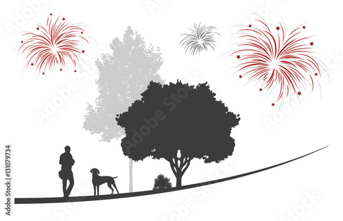 Silvester | Feuerwerk | Mann geht mit Hund im Park Gassi
