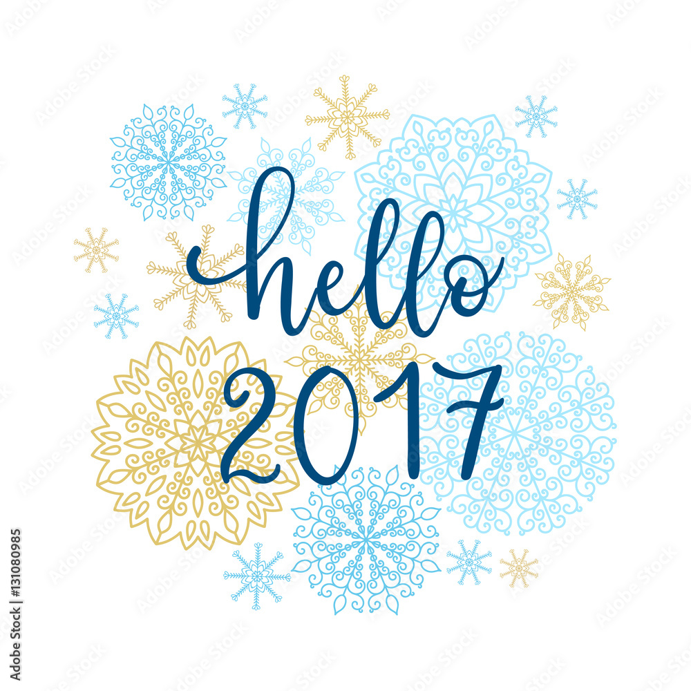 Hello 2017 greeting card. Vector winter holiday background with hand lettering calligraphy, snowflakes, falling snow, seamless patterns.