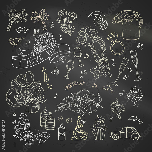 Vector chalk set of love icons and signs.