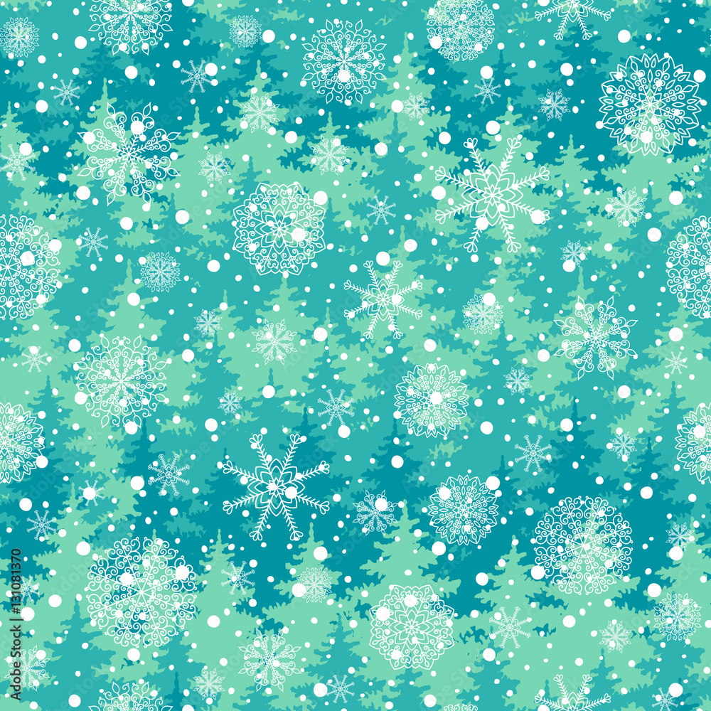 Winter Holiday seamless pattern with trees, snowflakes. Vector falling snow on the green background for Christmas card.
