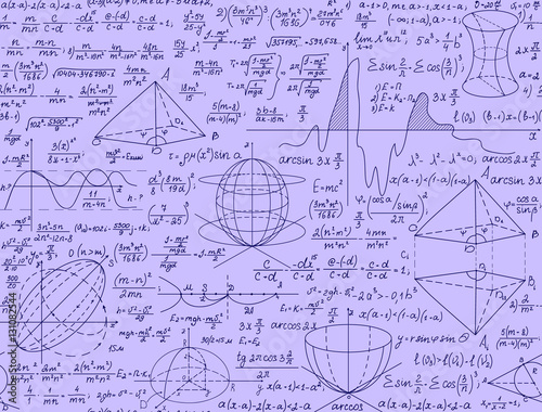 Math scientific vector seamless pattern with formulas, plots and equations, handwritten with pen on blue paper. You can use any color of background