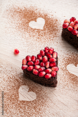 Heart shaped food - Brownie cake for Valentines day party, art dessert idea, top view.