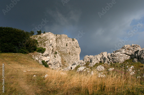 Limestone cliffs the small path among the grass in Crimean mountains in summer.