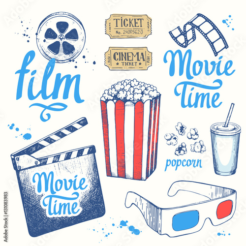 Movie time vector illustration with sketch popcorn bucket, clapperboard, glass of drink, tickets, 3D glasses. Cinema snack. Hand drawn fast food.