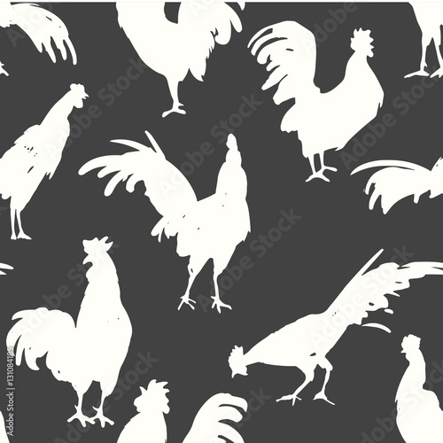 Seamless pattern with silhouette of cock in different poses. Sketch style. Vector illustration black and white roosters. Brush drawings.