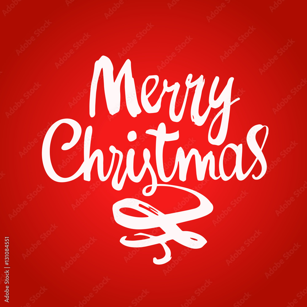 Vector holiday illustration Merry Christmas on red background. Handwritten inscription. Lettering design.