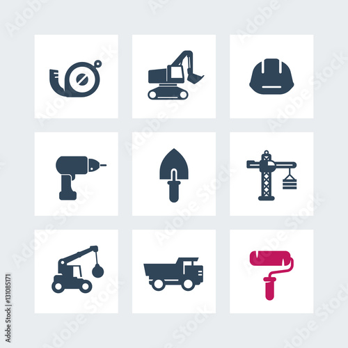 construction icons set on white, drill, roller, excavator, crane, tape measure, trowel
