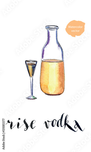 Bottle of rise vodka with wineglass