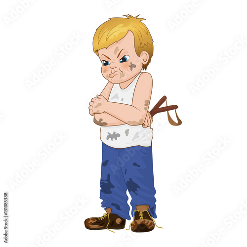 Vector Illustration angry little bully boy face showing grievance emotion. Boy has untidy appearance and holding in his hand a slingshot