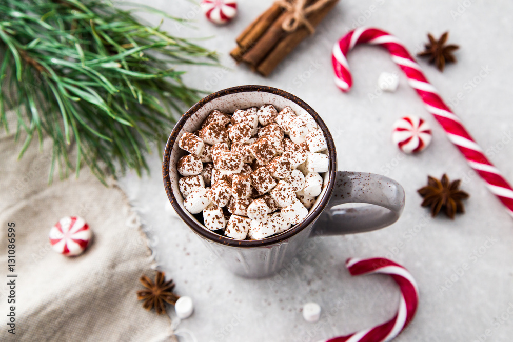 Cocoa with marshmallow and christmas decoration. On a stone back Cocoa with marshmallow and christmas decoration. On a stone back
