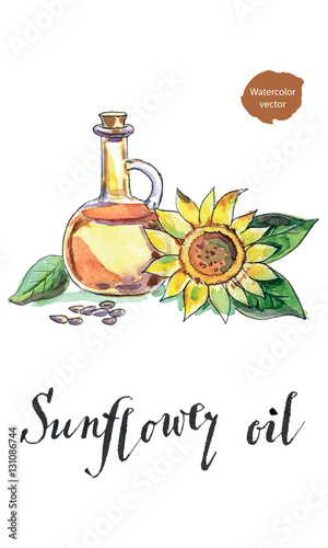 Bottle of sunflower oil, sunflower and seeds