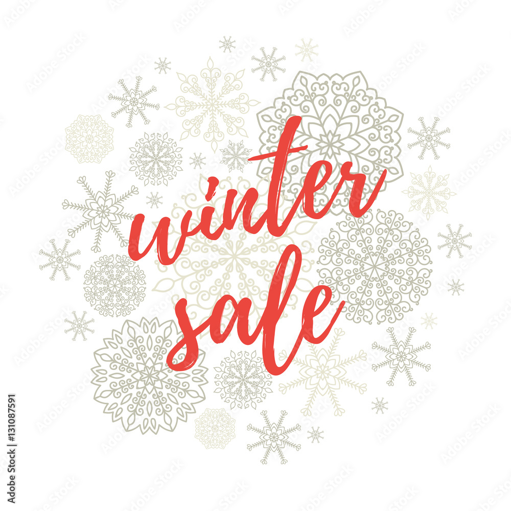Winter sale label, banner, sticker. Vector winter holidays backgrounds with hand lettering calligraphy, Christmas silver snowflakes.