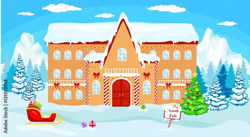 Vector Christmas illustration  house Santa at the North Pole.  Greeting card