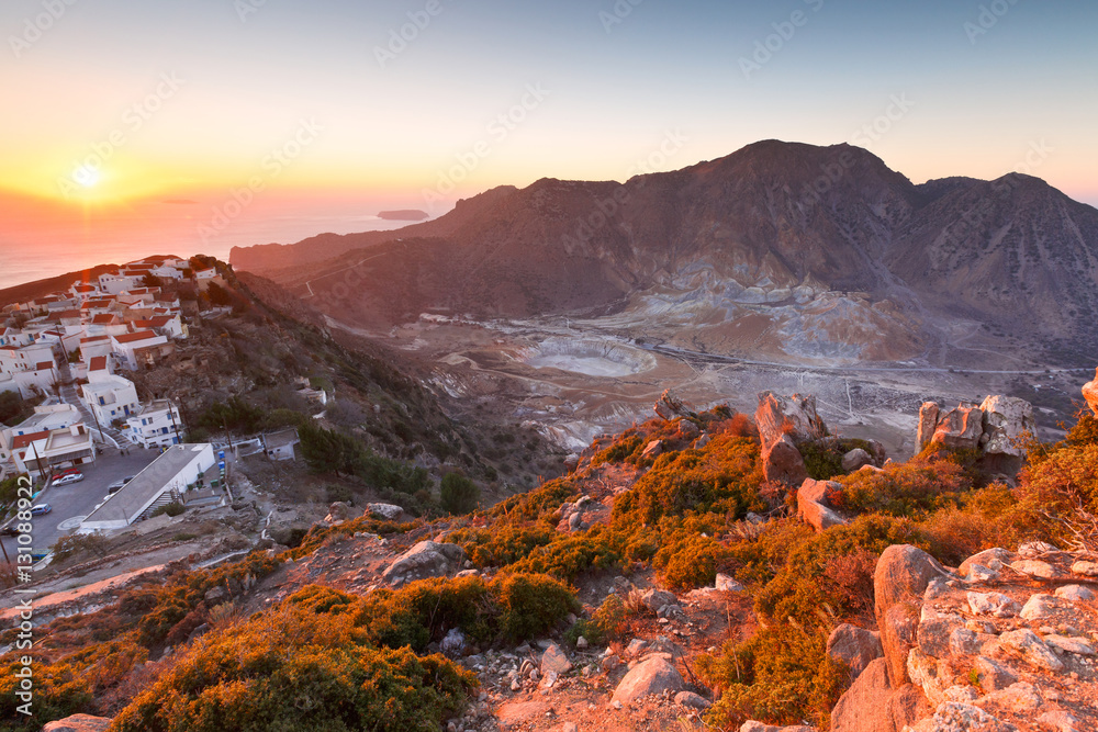 View of the crater and Nikia village on Nisyros island short before the sunset.