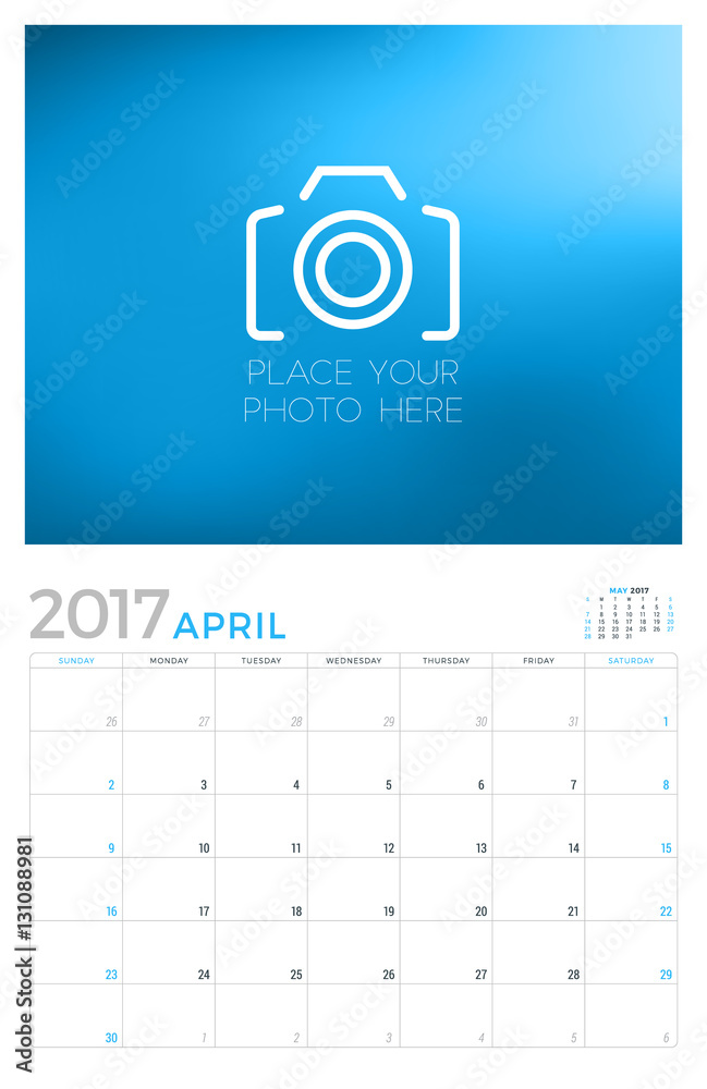 2017 Wall Calendar Planner Vector Design Template. April. Week Starts ...