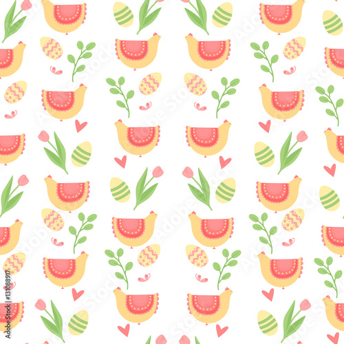 Cute pattern for Easter with eggs, hens and tulip