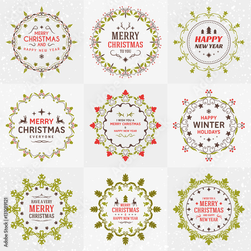 Set of Merry Christmas and Happy New Year Decorative Badges for Greetings Cards or Invitations. Vector Illustration. Typographic Design Elements. Red, Green and Brown Color Theme photo