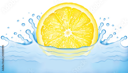 fresh lemon slice falling to water