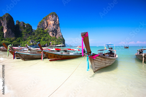 Railay Beach, Tropical beach traditional long tail boat andaman sea thailand