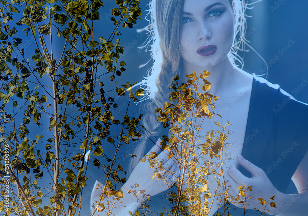 Double exposure of beautiful woman portrait and autumn leaves Stock ...