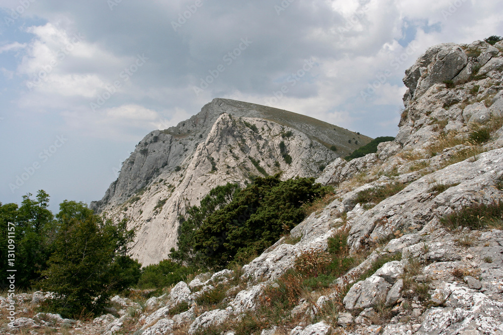 The summer landscape with limestone rocks and cliffs in Crimean Mountains.