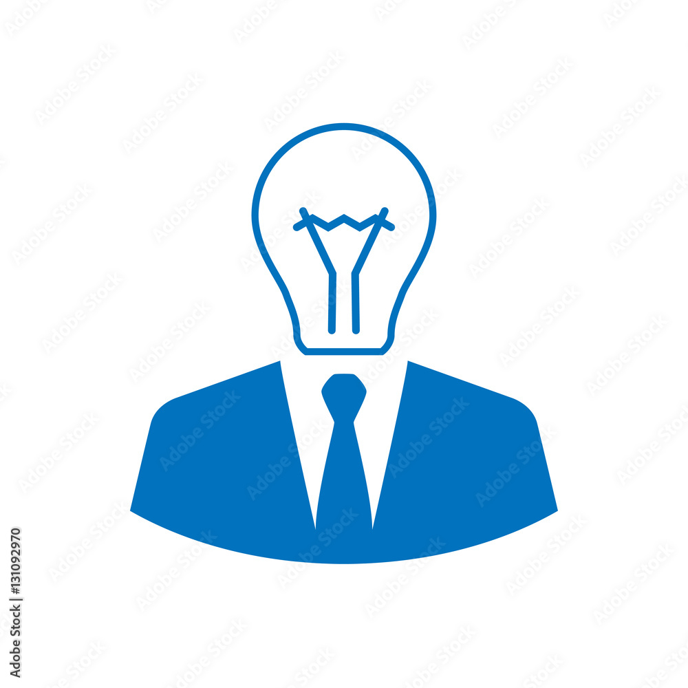 Icono plano hombre con cabeza bombilla azul en fondo blanco Icono plano hombre con cabeza bombilla azul en fondo blanco