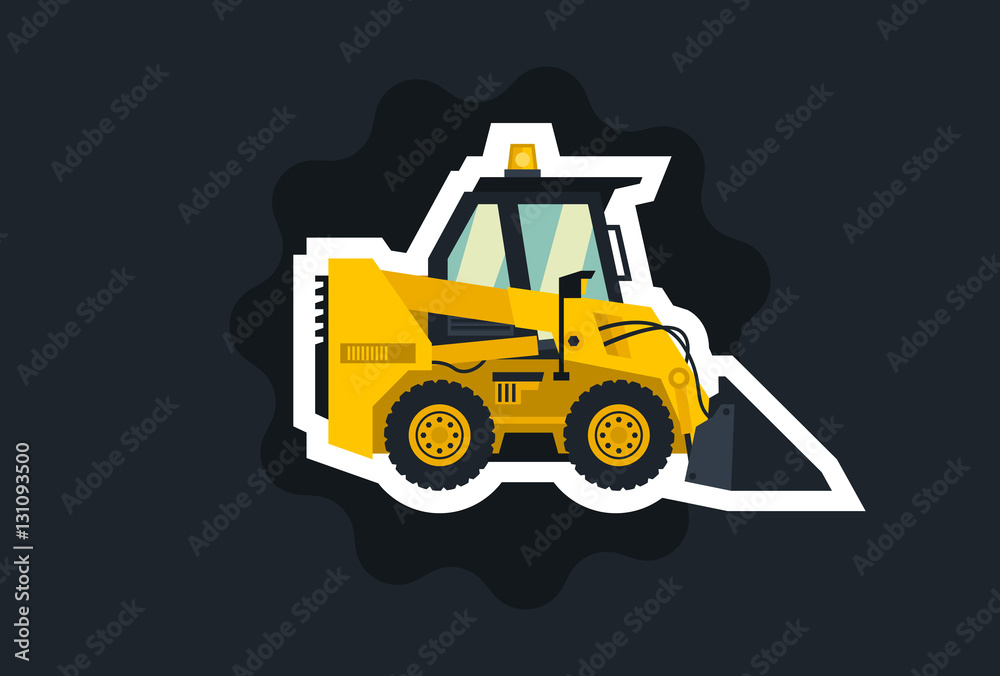 Mini loader. Yellow, flat style. Commercial Vehicles. Special equipment. The object circled white outline on a dark background. Vector illustration. Flat style