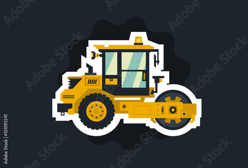 Yellow asphalt compactor. The object circled white outline on a dark background. Construction machinery. Special equipment. Road repair. Vector illustration. Flat style
