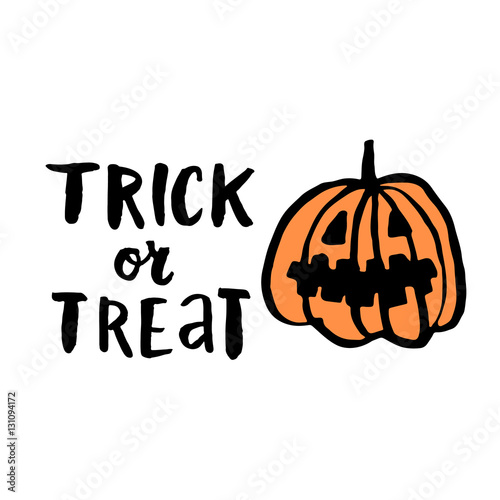 Vector hand-drawn card with elements: inscription "trick or treat"and character pumpkin. It can be used for invitation cards, brochures, poster, t-shirts, mugs, wrapping paper etc.
