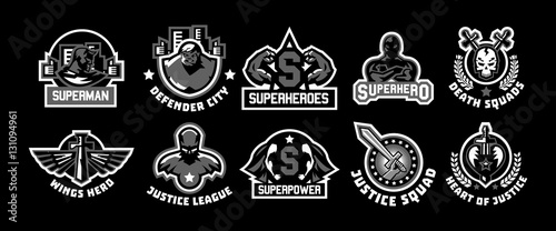 Set of superhero logos. A collection of images of superman. The suit, raincoat, silhouette, image, face, muscles, city, wings, sword, skull, monster, heart. Black and white execution. Flat style