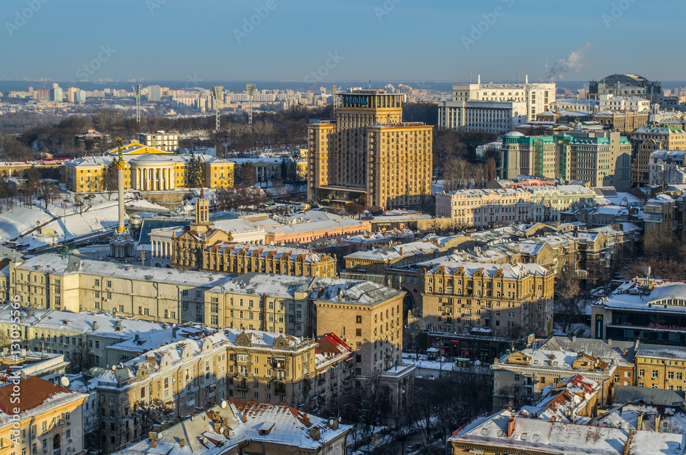 Top view of the historical part of the city Kiev winter sunny day.