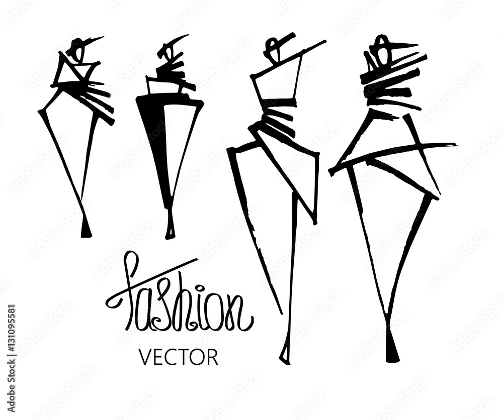 Fashion models sketch hand drawn , stylized silhouettes isolated . Vector fashion illustration set. Fashion logo.