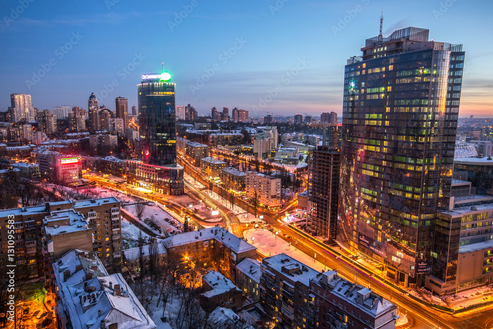 Night Kiev city view, panorama of modern bulding Kiev, Ukraine