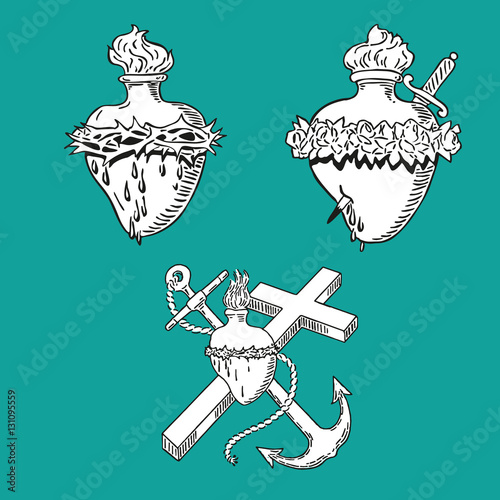 Set Heart of Blessed Virgin Mary tattoo illustration design