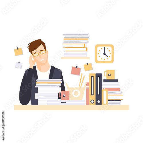 Man Office Worker In Office Cubicle With Headache Having His Daily Routine Situation Cartoon Character