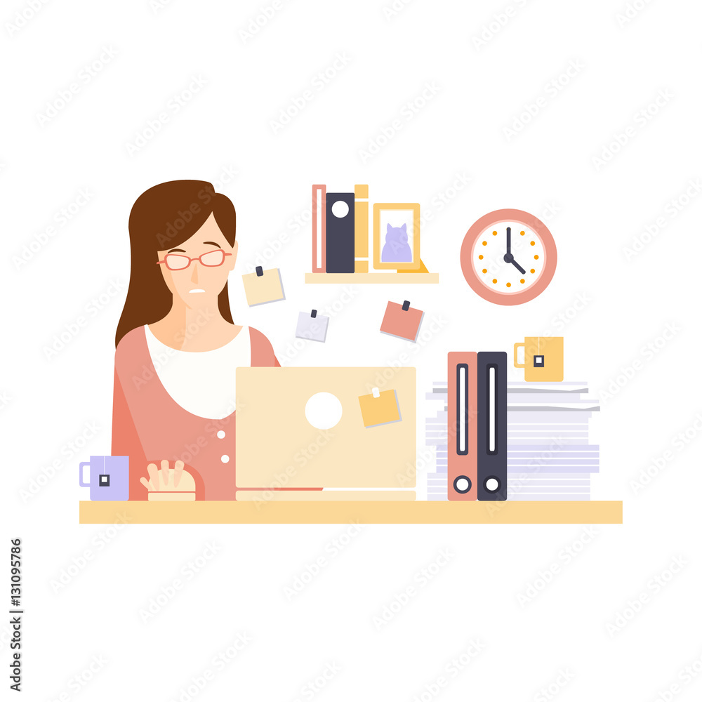 Unhappy Woman Office Worker In Office Cubicle Having Her Daily Routine Situation Cartoon Character