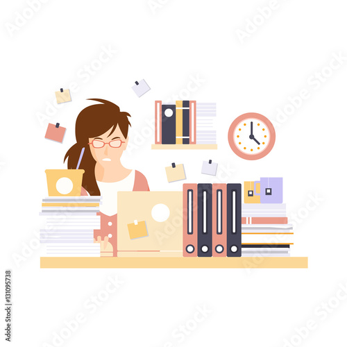 Stressed Woman Office Worker In Office Cubicle Having Her Daily Routine Situation Cartoon Character