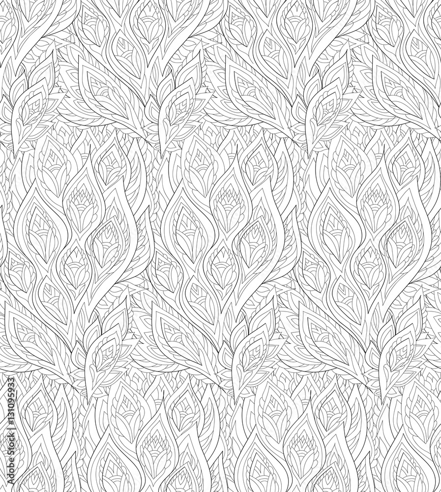 Oriental seamless background pattern. Vector illustration hand drawn. Fantasy feathers and leafs. Coloring page , black and white.