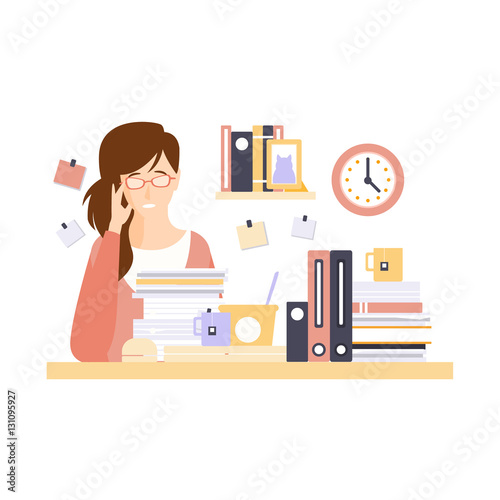 Woman Office Worker In Office Cubicle With Too Much Work Having Her Daily Routine Situation Cartoon Character
