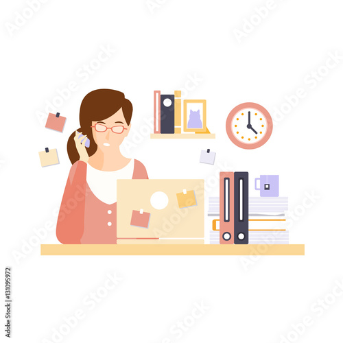 Busy Woman Office Worker In Office Cubicle Having Her Daily Routine Situation Cartoon Character
