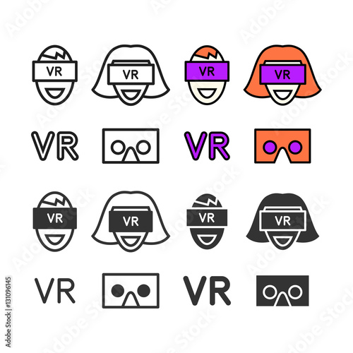 Man in virtual reality headset. VR icons set