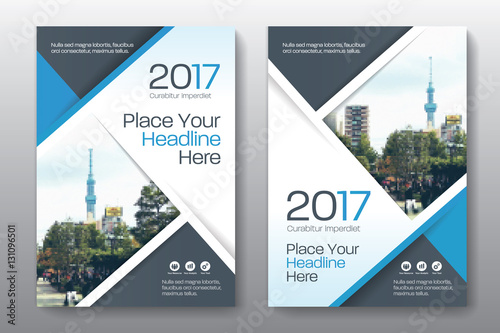 Blue Color Scheme with City Background Business Book Cover Design Template in A4. Easy to adapt to Brochure, Annual Report, Magazine, Poster, Corporate Presentation, Portfolio, Flyer, Banner, Website. photo