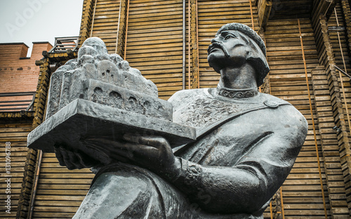 Monument to Yaroslav Mudry (The Wise), Grand Prince of Novgorod and Kiev, holding Saint Sophia's Cathedral in his hands at Golden gate. photo