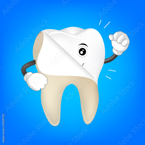 tooth whitening symbol. Cute cartoon tooth mascot, illustration. Dental care concept, isolated on blue background.