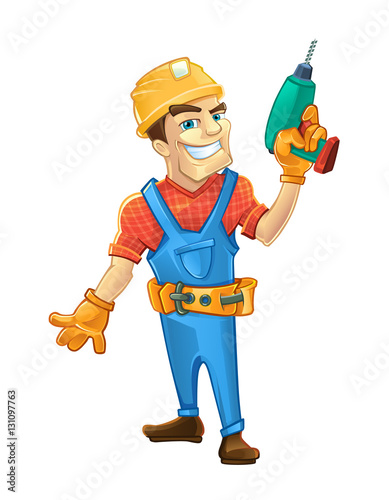 Builder man with smile face holding drill in hand
