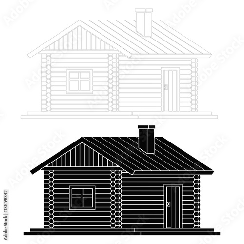 Rural house from wooden logs. Vector illustration of two facades of the house .