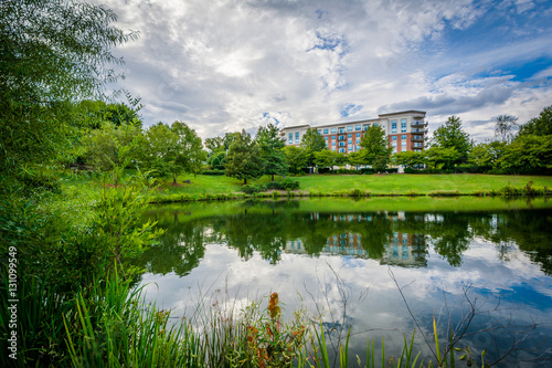 Dramatic sky over the lake at Symphony Park, in Charlotte, North