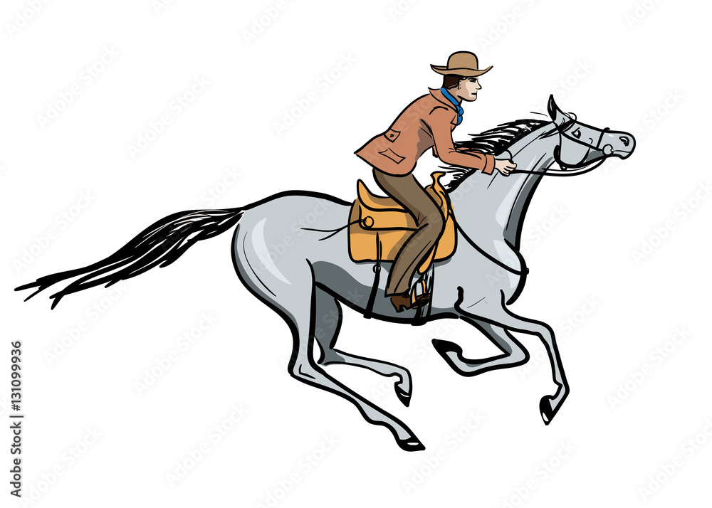 Horseback galloping rider. Vector hand drawn cartoon illustration with  cowboy man and horse. Stock Vector | Adobe Stock