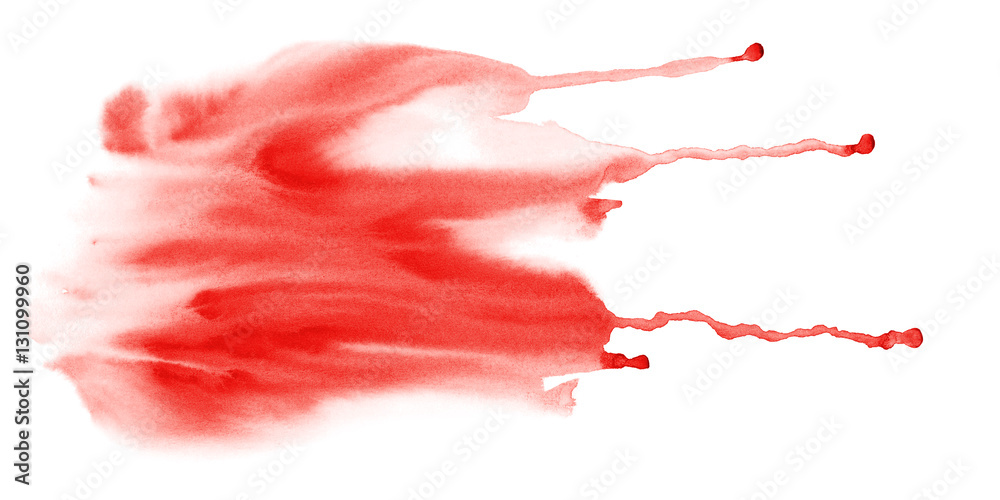 Red fluid watercolor stains texture with drib. Abstract hand painting background on white.