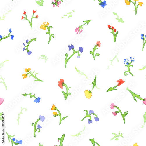 Seamless pattern of watercolor meadow, flowers on white. Hand painted background with wildflowers.